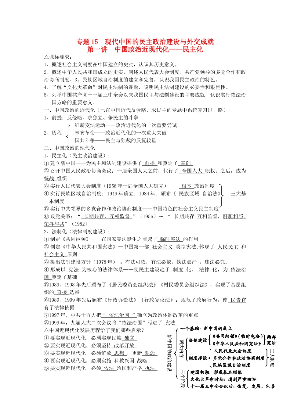 广东省深圳市皇御苑学校2013届高考历史一轮复习学案 专题15  现代中国的民主政治建设与外交成就 _第1页