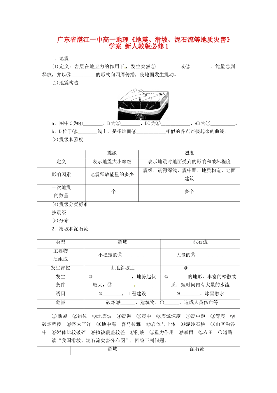 广东省湛江一中2014年秋高中地理《地震、滑坡、泥石流等地质灾害》学案 新人教版必修1_第1页