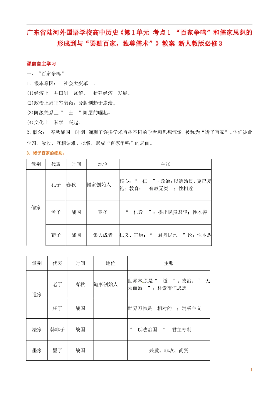 广东省陆河外国语学校高中历史《第1单元 考点1 “百家争鸣”和儒家思想的形成到与“罢黜百家，独尊儒术”》教案 新人教版必修3_第1页