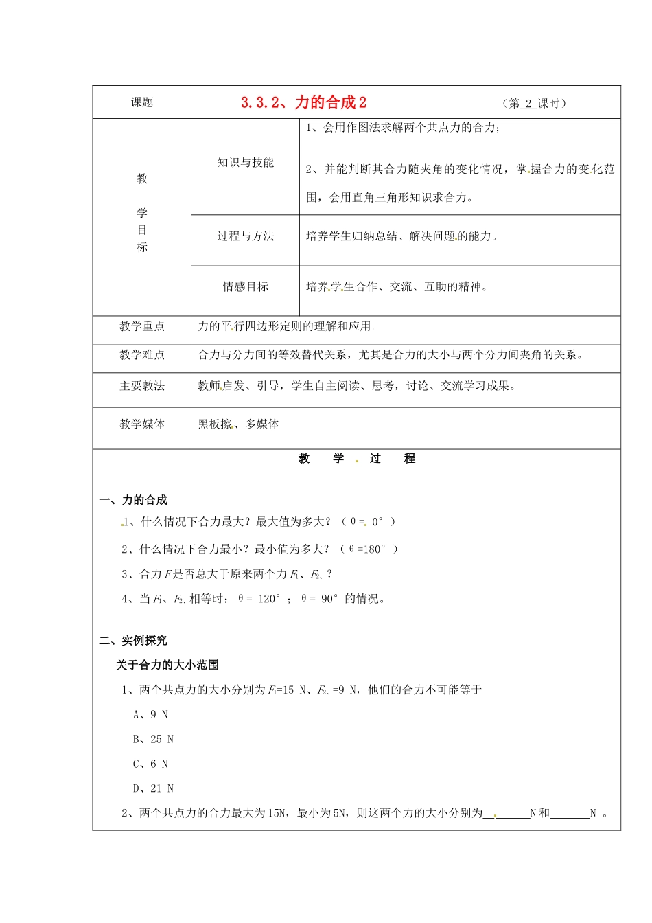 广东省陆河外国语学校高中物理《3.3.2 力的合成2》教案 新人教版必修1_第1页