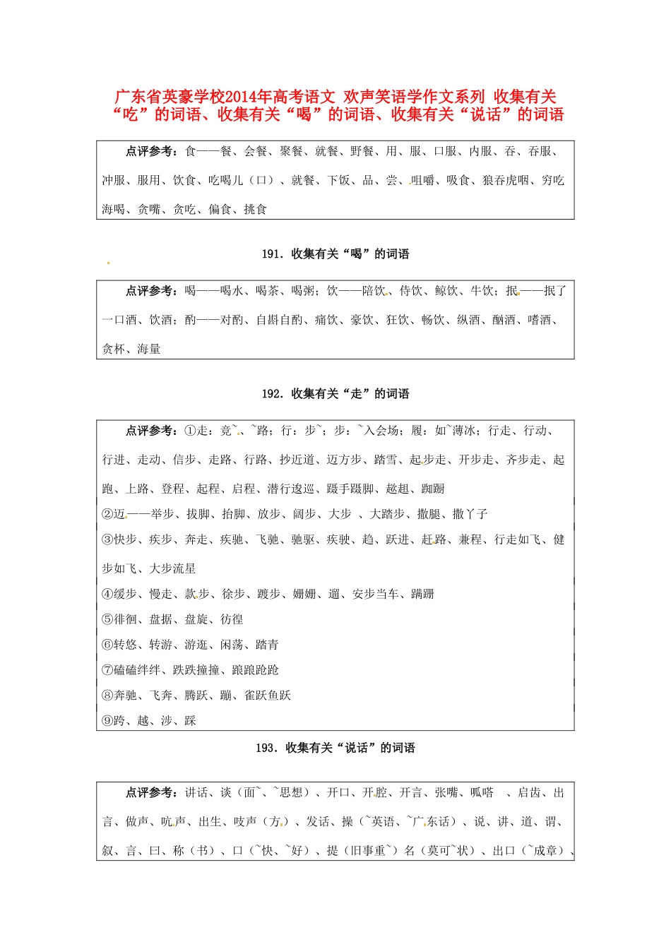 广东省英豪学校2014年高考语文 欢声笑语学作文系列 收集有关“吃”的词语、收集有关“喝”的词语、收集有关“说话”的词语_第1页