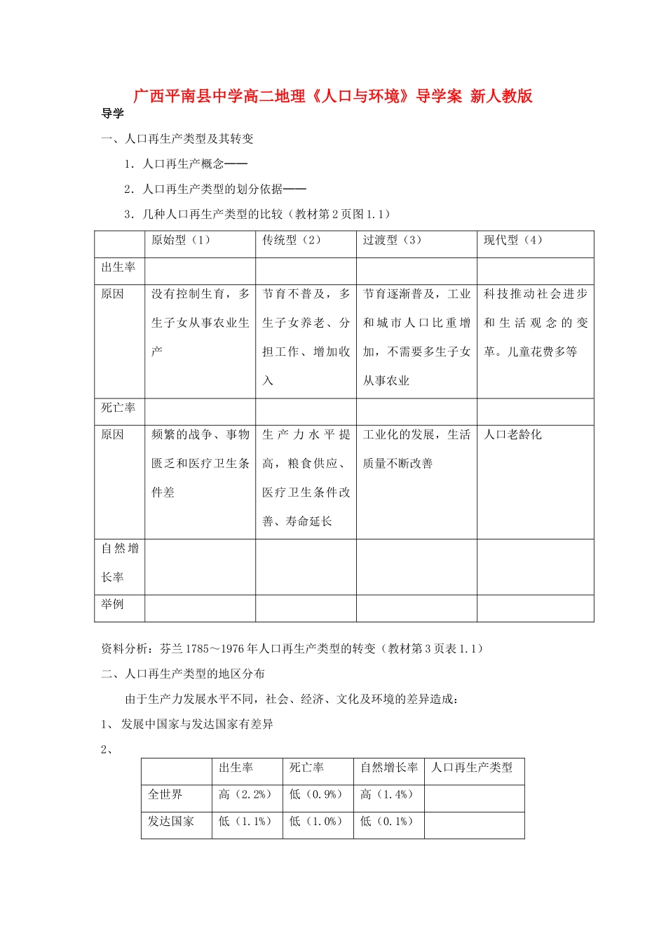 广西平南县中学高二地理《人口与环境》导学案 新人教版_第1页