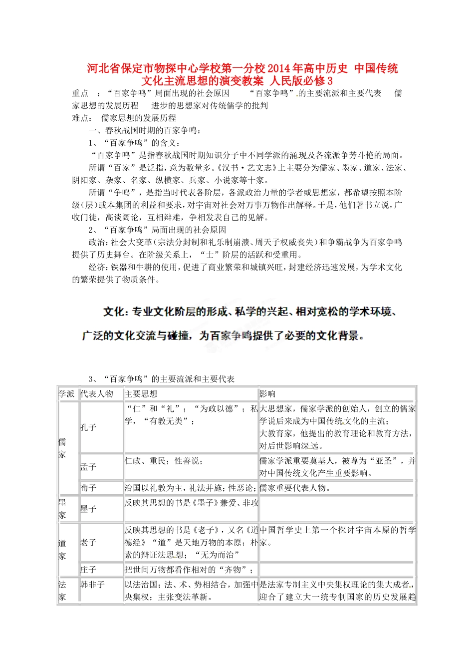 河北省保定市物探中心学校第一分校2014年高中历史 中国传统文化主流思想的演变教案 人民版必修3_第1页