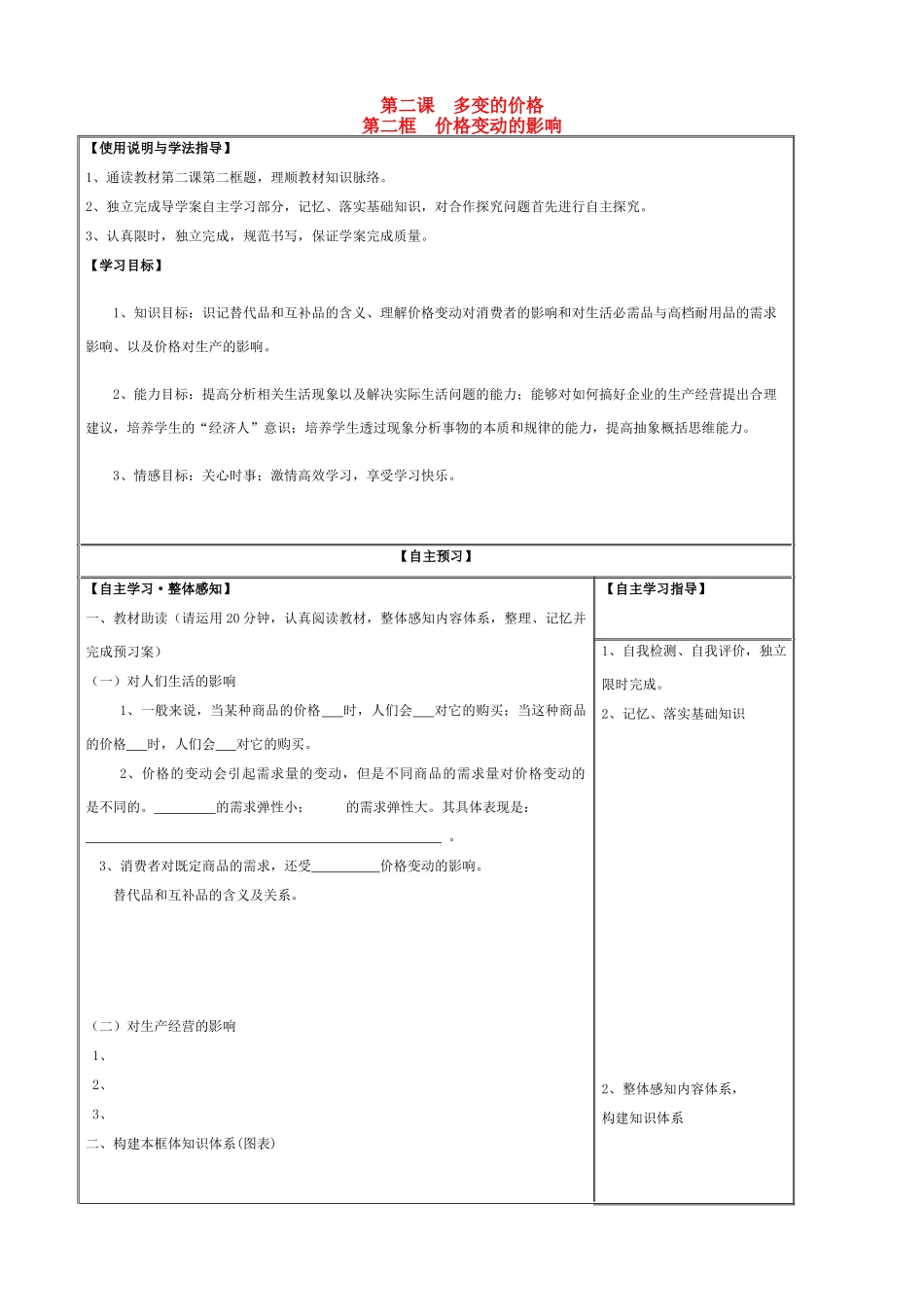 河北省邯郸四中2014年高中政治 价格变动的影响导学案 新人教版必修1_第1页