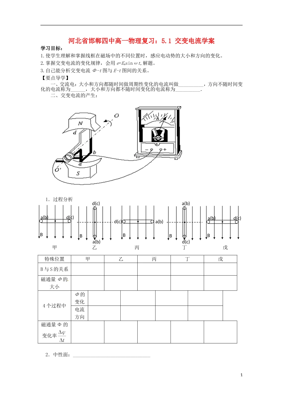 河北省邯郸四中高一物理 5.1 交变电流学案_第1页
