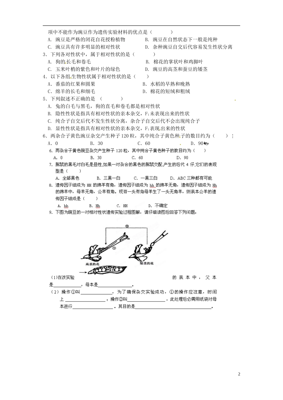 贵州省毕节梁才学校2014高中生物 1.1 孟德尔的豌豆杂交实验（一）导学案 新人教版必修2_第2页