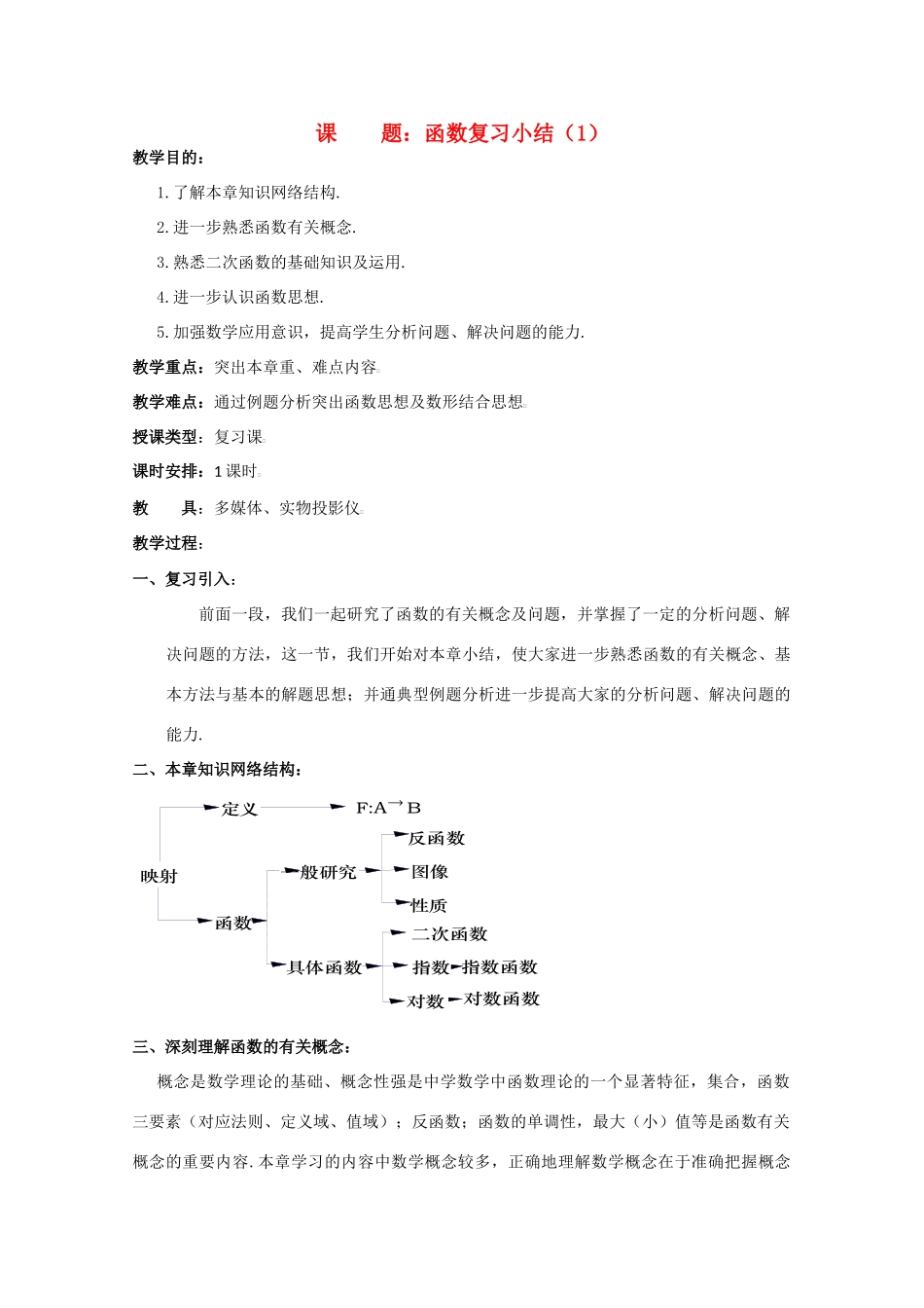 贵州省贵大附中2011届高三数学复习 函数复习小结教学案（1）旧人教版_第1页