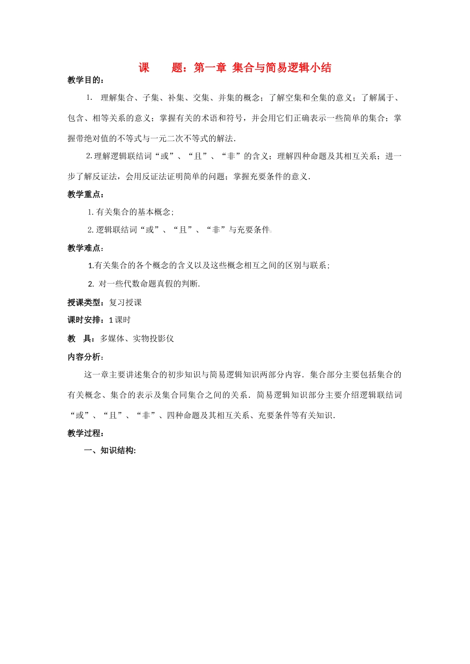 贵州省贵大附中2011届高三数学复习 集合与简易逻辑小结 教学案 旧人教版_第1页
