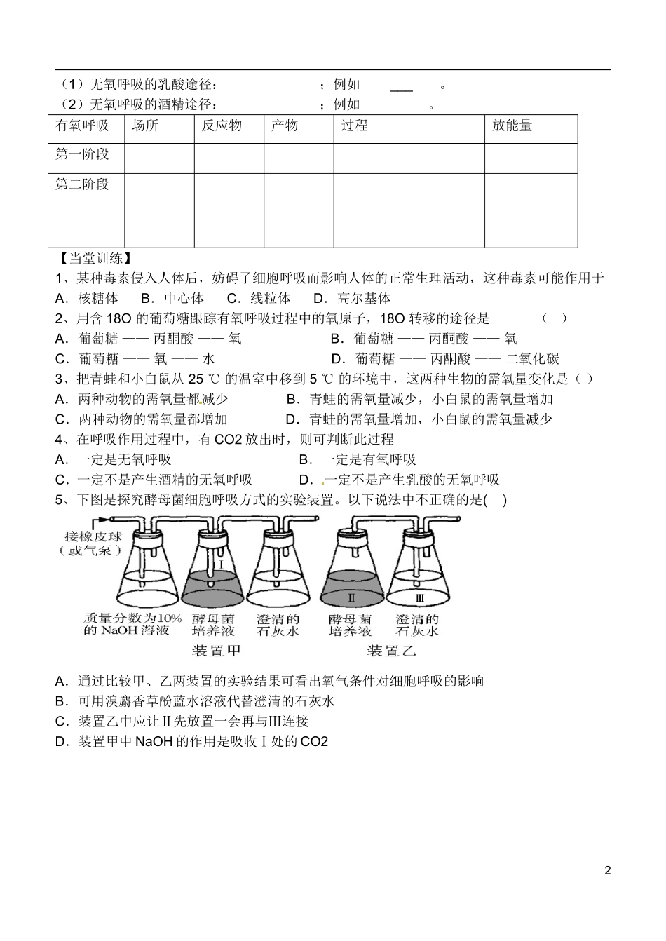 河北省高碑店市第三中学2015高中生物 第五章 第三节 细胞呼吸学案 新人教版必修1_第2页