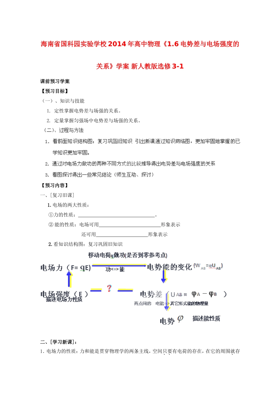 海南省国科园实验学校2014年高中物理《1.6电势差与电场强度的关系》学案 新人教版选修3-1_第1页