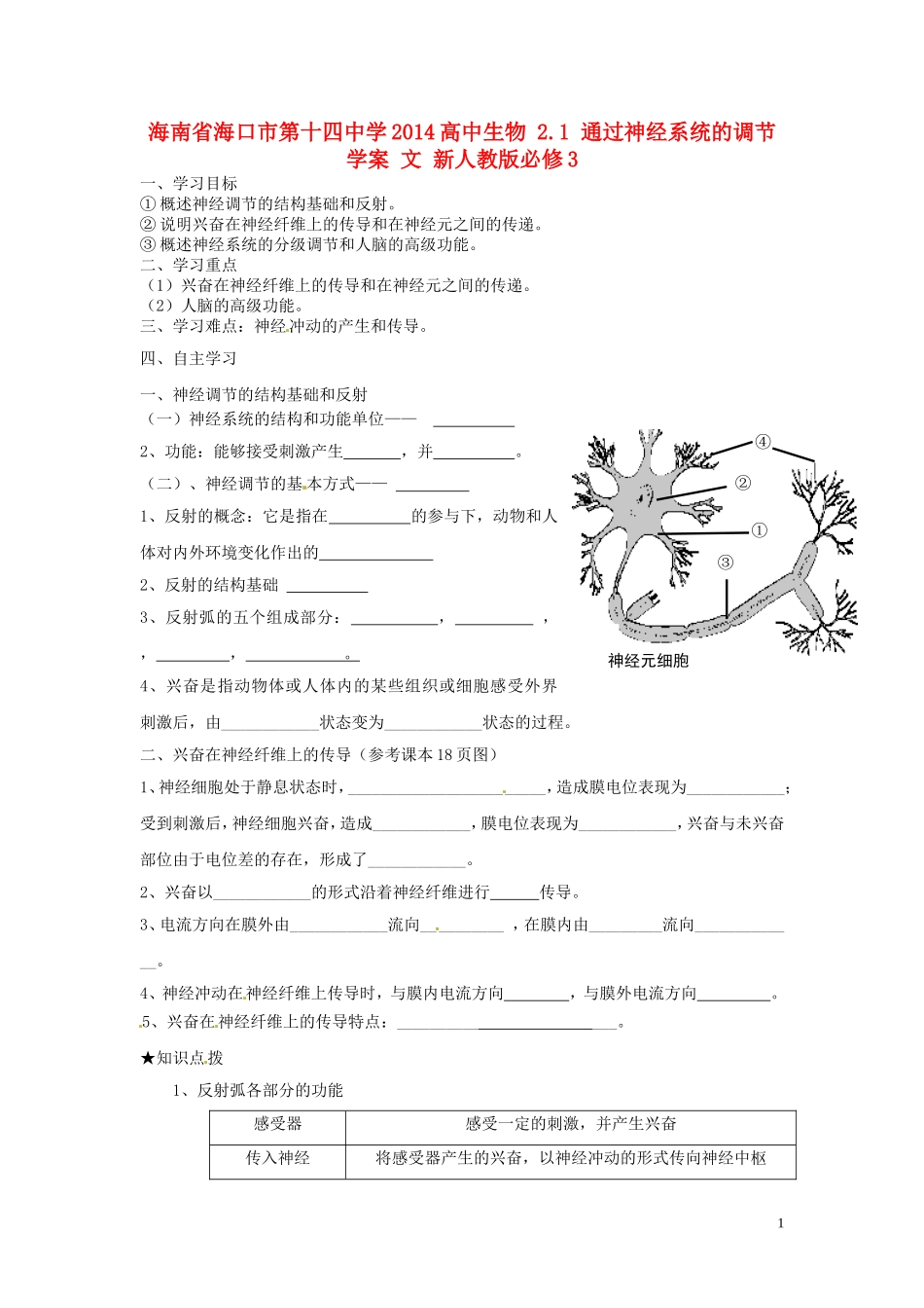 海南省海口市第十四中学2014高中生物 2.1 通过神经系统的调节学案 文 新人教版必修3_第1页