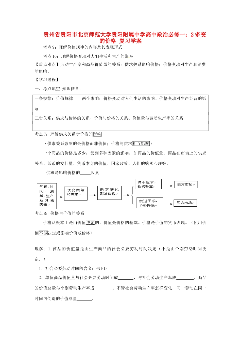 贵州省贵阳市北京师范大学贵阳附属中学高中政治 多变的价格复习学案 新人教版必修1_第1页