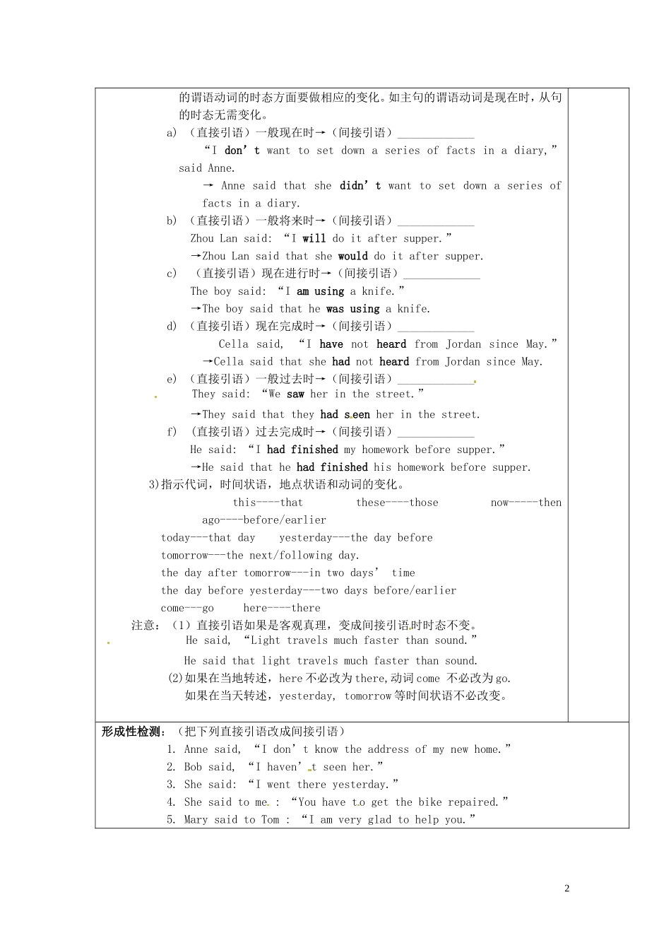 河北省高一英语《Unit 1 Friendship》Direct Speech and Indirect Speech学案_第2页