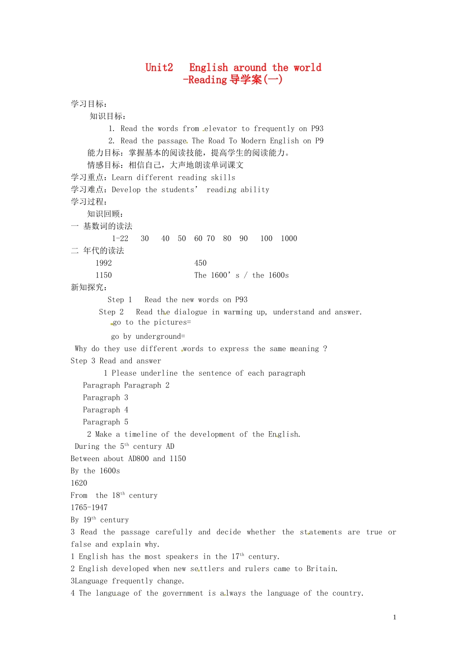 河北省高一英语《Unit 2 English around the world》Reading（1）学案_第1页