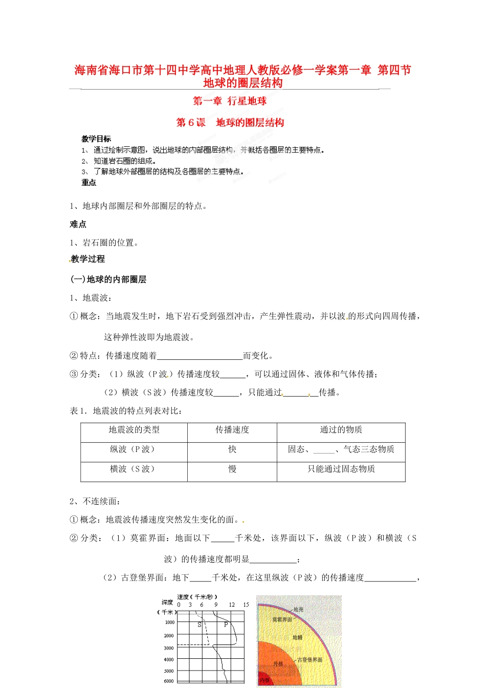 海南省海口市第十四中学高中地理 第一章 第四节 地球的圈层结构学案 新人教版必修1_第1页