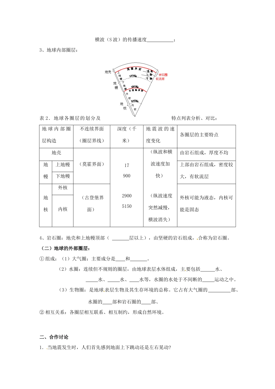 海南省海口市第十四中学高中地理 第一章 第四节 地球的圈层结构学案 新人教版必修1_第2页