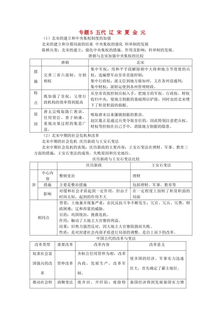 贵州省施秉一中2012高考历史二轮复习 专题5 五代 辽 宋 夏 金 元学案 大纲人教版_第1页