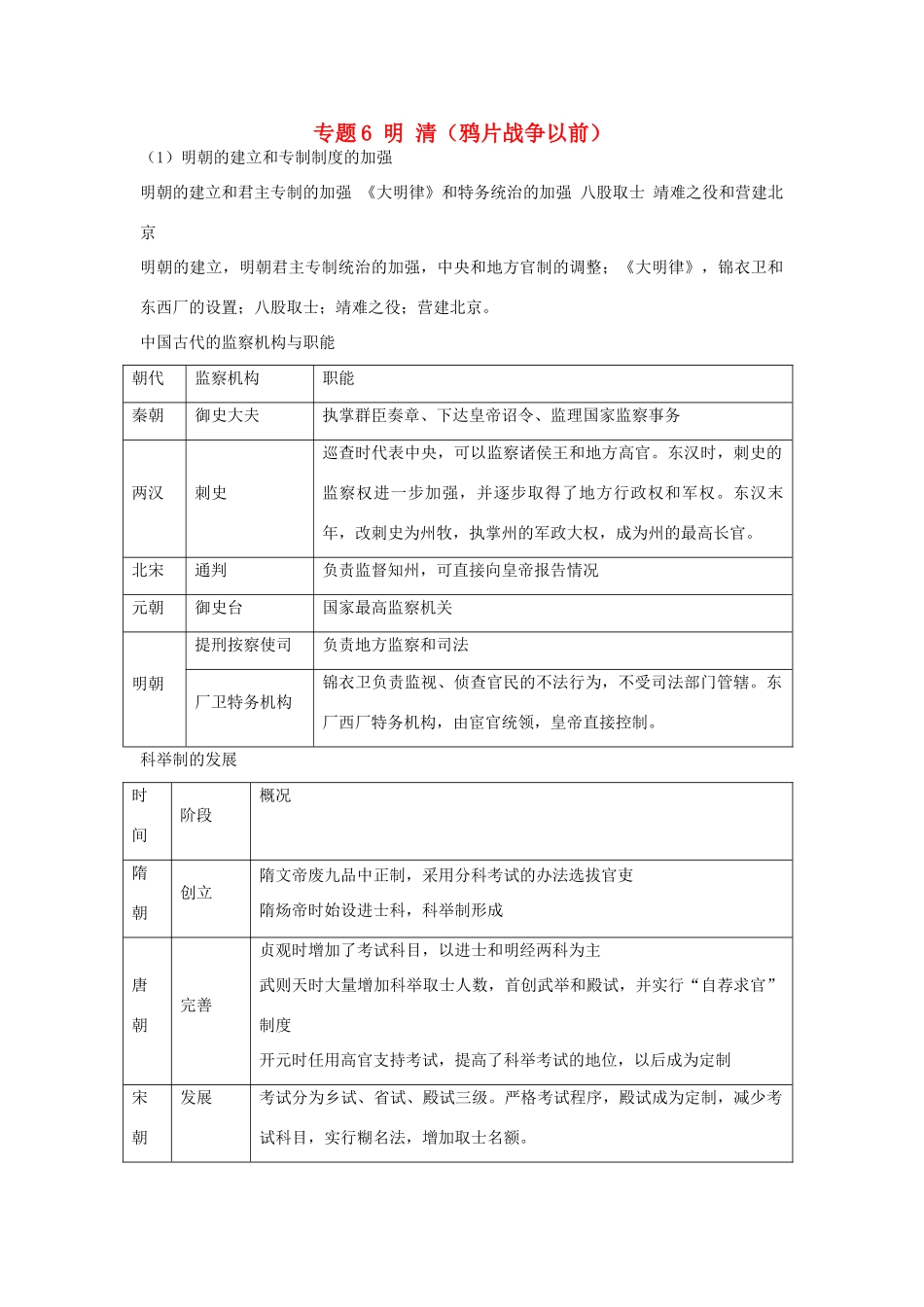 贵州省施秉一中2012高考历史二轮复习 专题6 明 清（鸦片战争以前）学案 大纲人教版_第1页