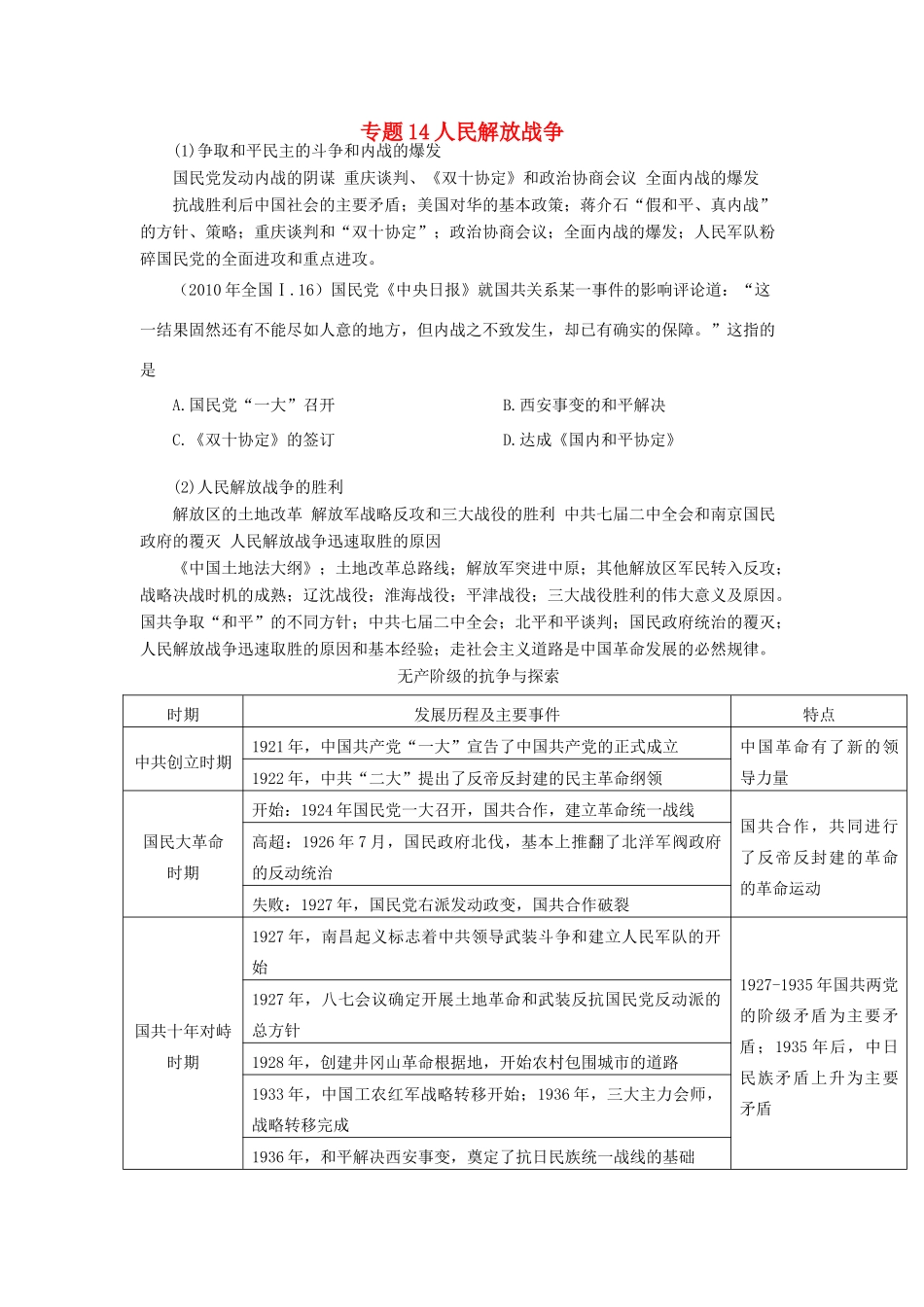 贵州省施秉一中2012高考历史二轮复习 专题14 人民解放战争学案 大纲人教版_第1页