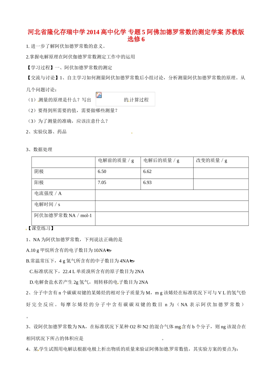 河北省隆化存瑞中学2014高中化学 专题5 阿佛加德罗常数的测定学案 苏教版选修6_第1页