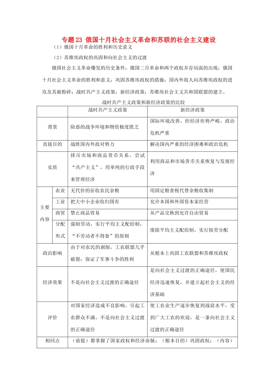 贵州省施秉一中2012高考历史二轮复习 专题23 俄国十月社会主义革命和苏联的社会主义建设学案 大纲人教版_第1页