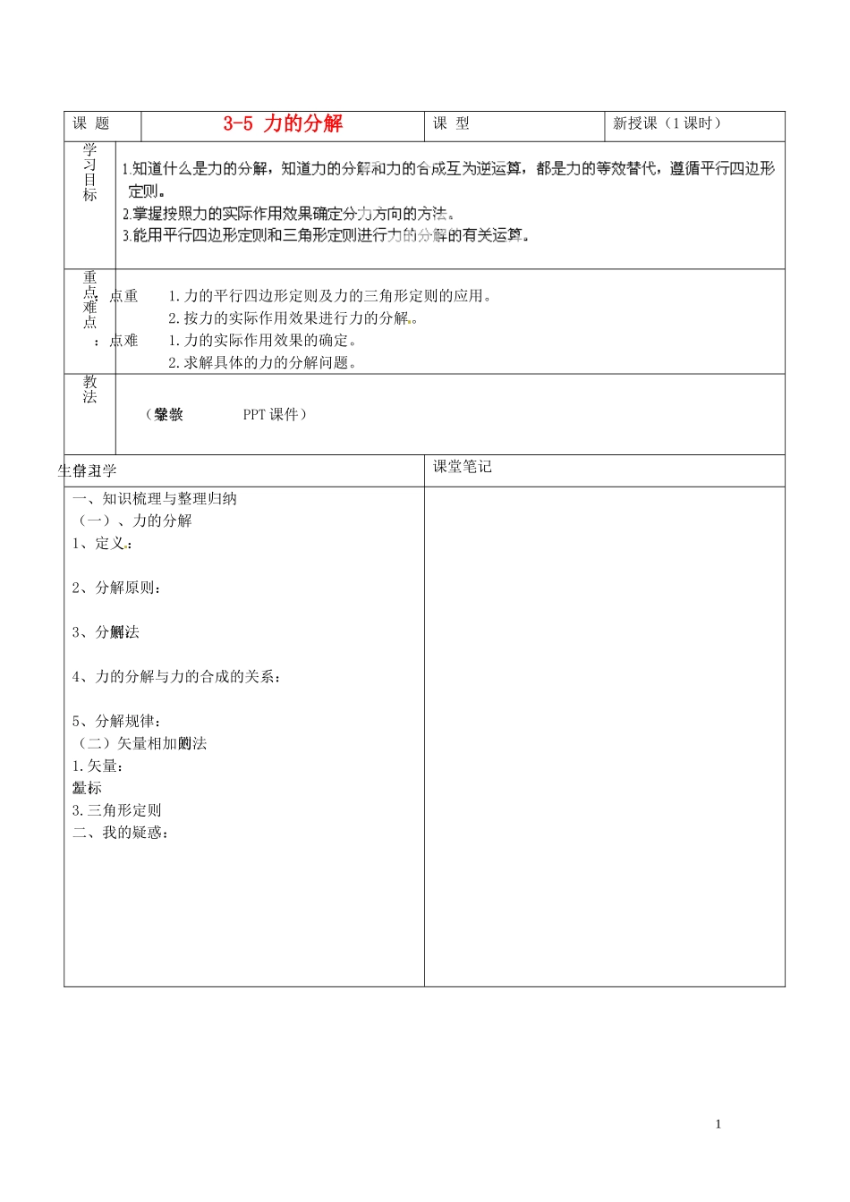 海南省海口市第十四中学高中物理 3-5 力的分解导学案 人教版必修1_第1页