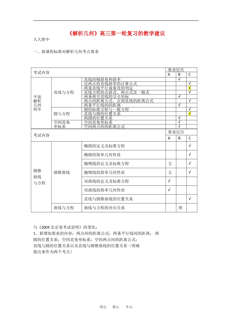 海淀区人大附中2010届高三数学《解析几何》第一轮复 习教学建议_第1页