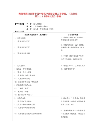 海南省海口市第十四中学高中政治《文化生活》1.1《体味文化》学案 新人教版必修3