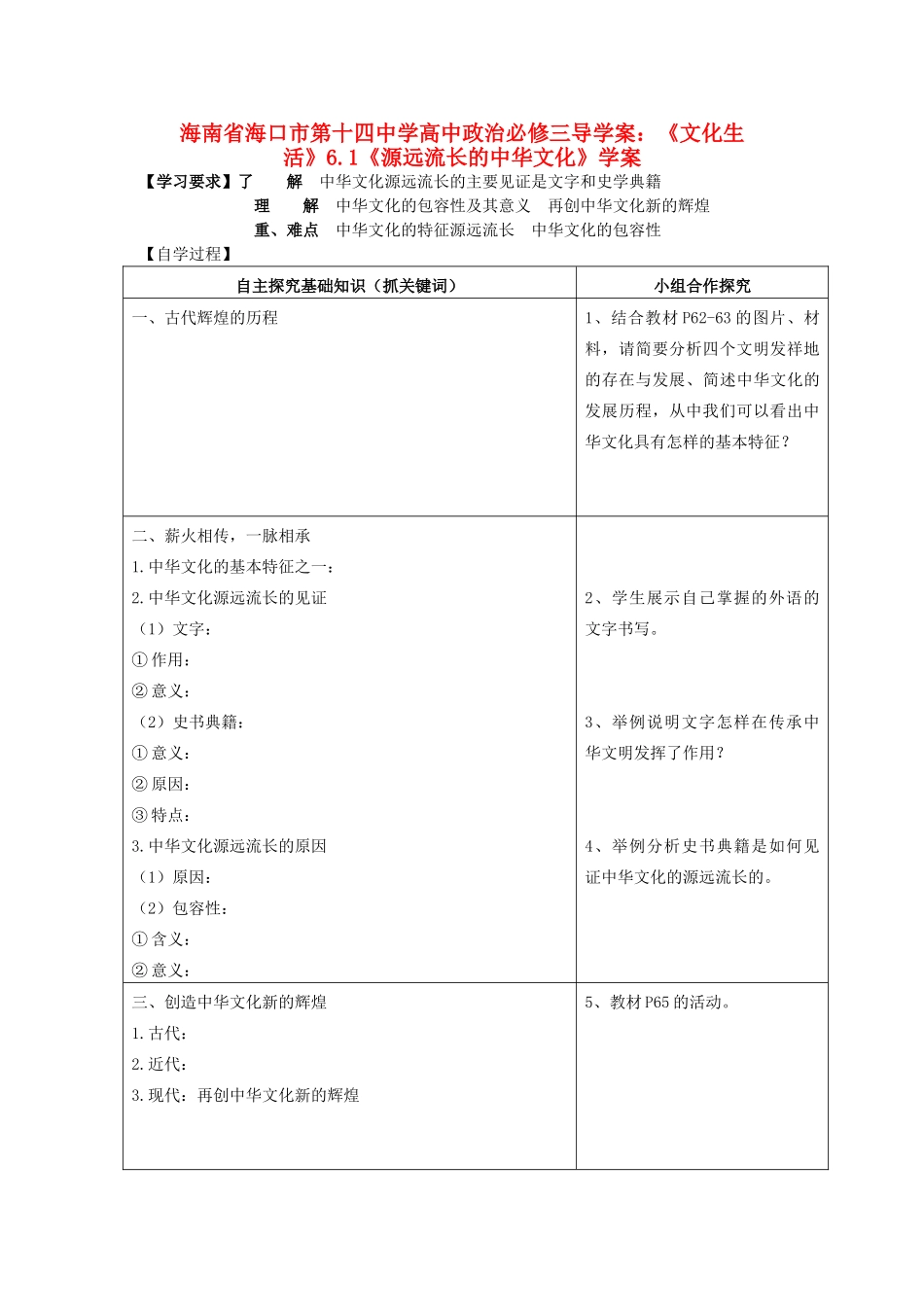 海南省海口市第十四中学高中政治《文化生活》6.1《源远流长的中华文化》学案 新人教版必修3_第1页