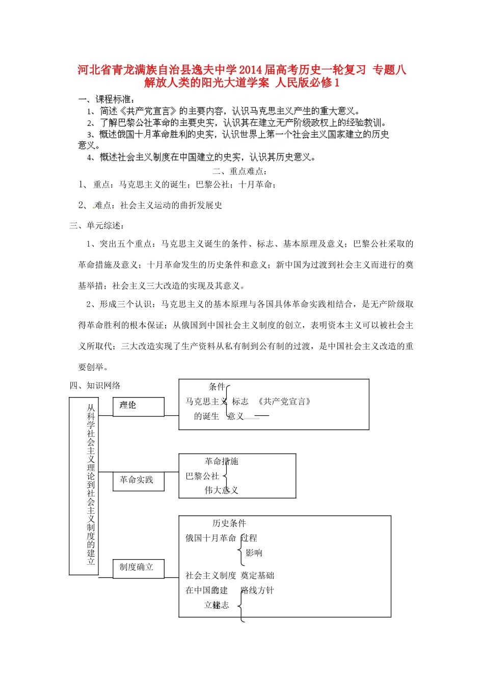 河北省青龙满族自治县逸夫中学2014届高考历史一轮复习 专题八 解放人类的阳光大道学案 人民版必修1_第1页