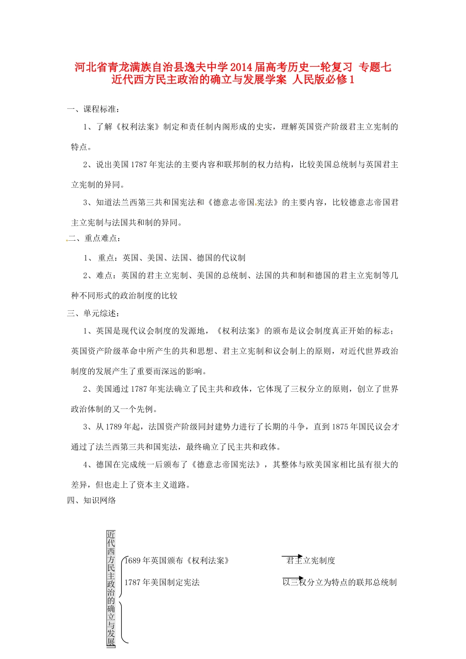 河北省青龙满族自治县逸夫中学2014届高考历史一轮复习 专题七 近代西方民主政治的确立与发展学案 人民版必修1_第1页