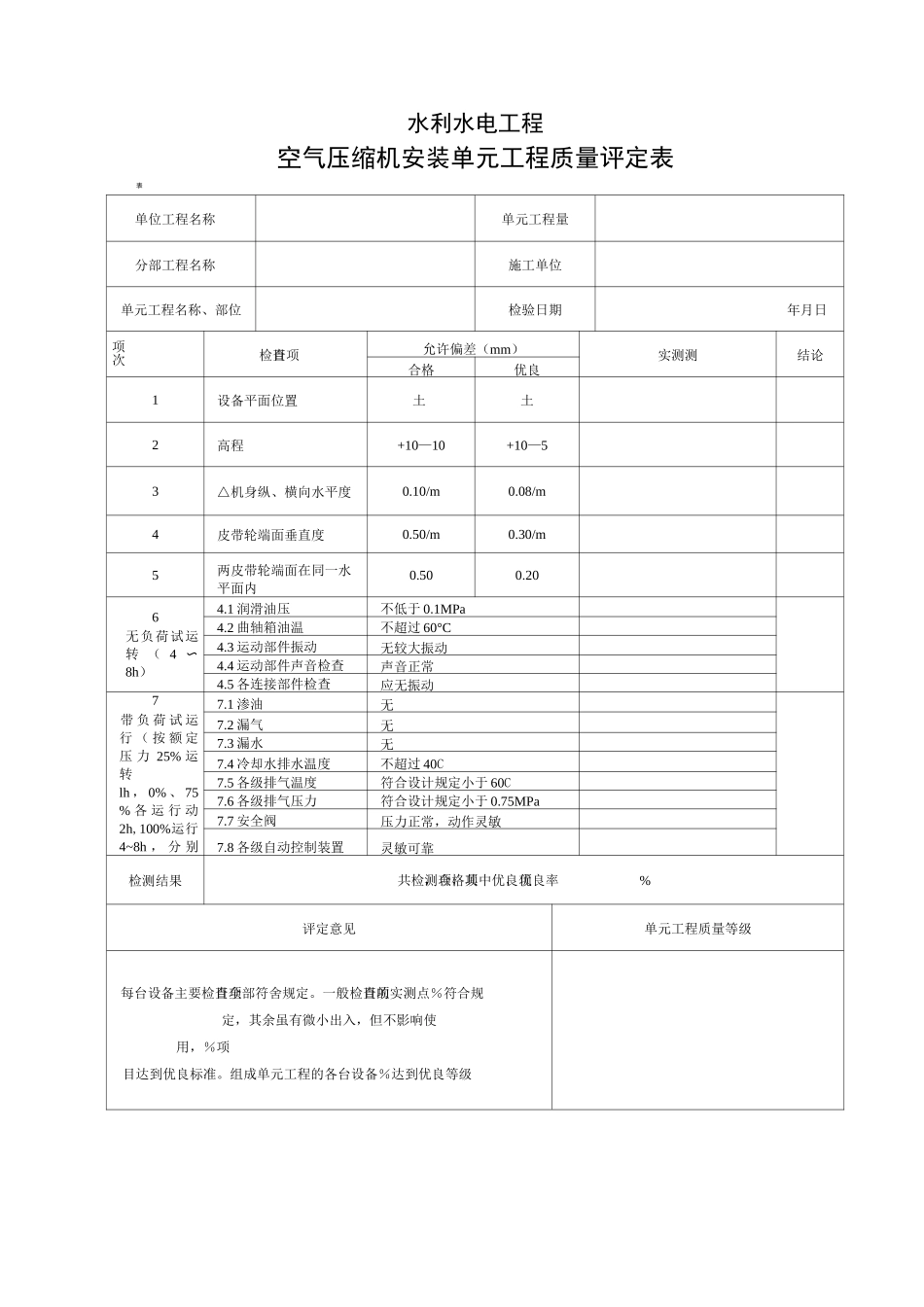 水力机械辅助设备安装工程单元工程质量评定表(共10个表格)_第1页