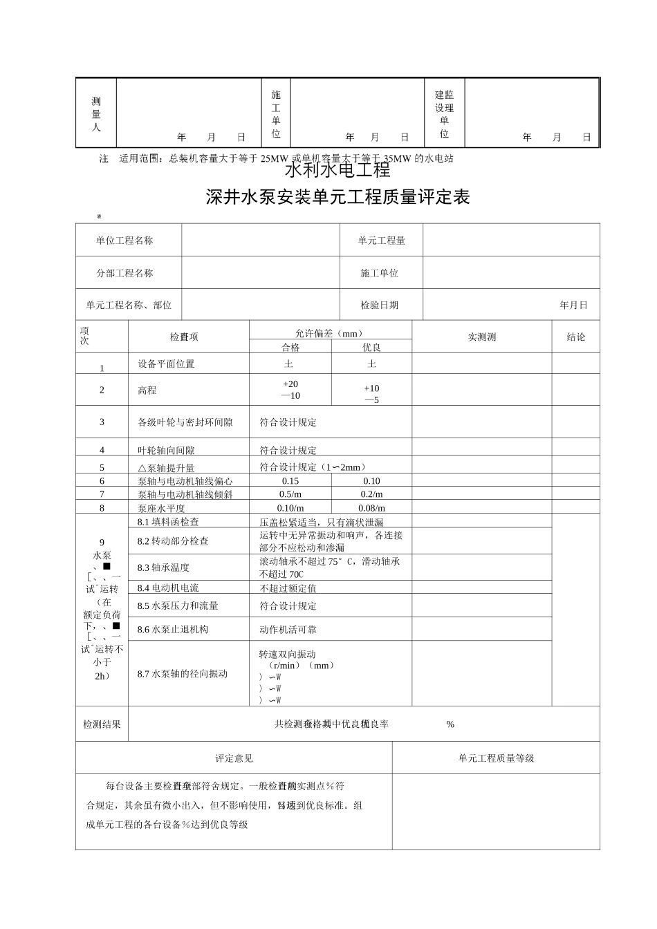 水力机械辅助设备安装工程单元工程质量评定表(共10个表格)_第2页