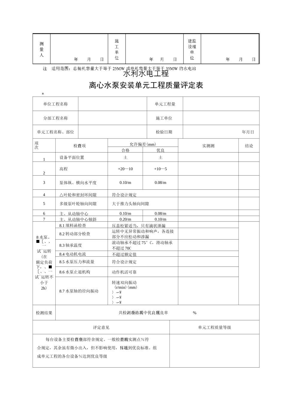 水力机械辅助设备安装工程单元工程质量评定表(共10个表格)_第3页
