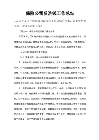 保险公司反洗钱工作总结