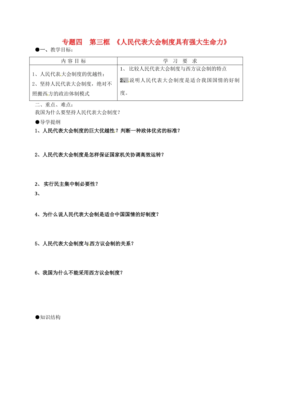 高中政治 4.3人民代表大会制度具有强大生命力导学案 新人教版选修3-新人教版高二选修3政治学案_第1页