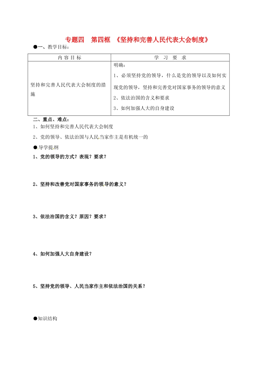 高中政治 4.4坚持和完善人民代表大会制度导学案 新人教版选修3-新人教版高二选修3政治学案_第1页