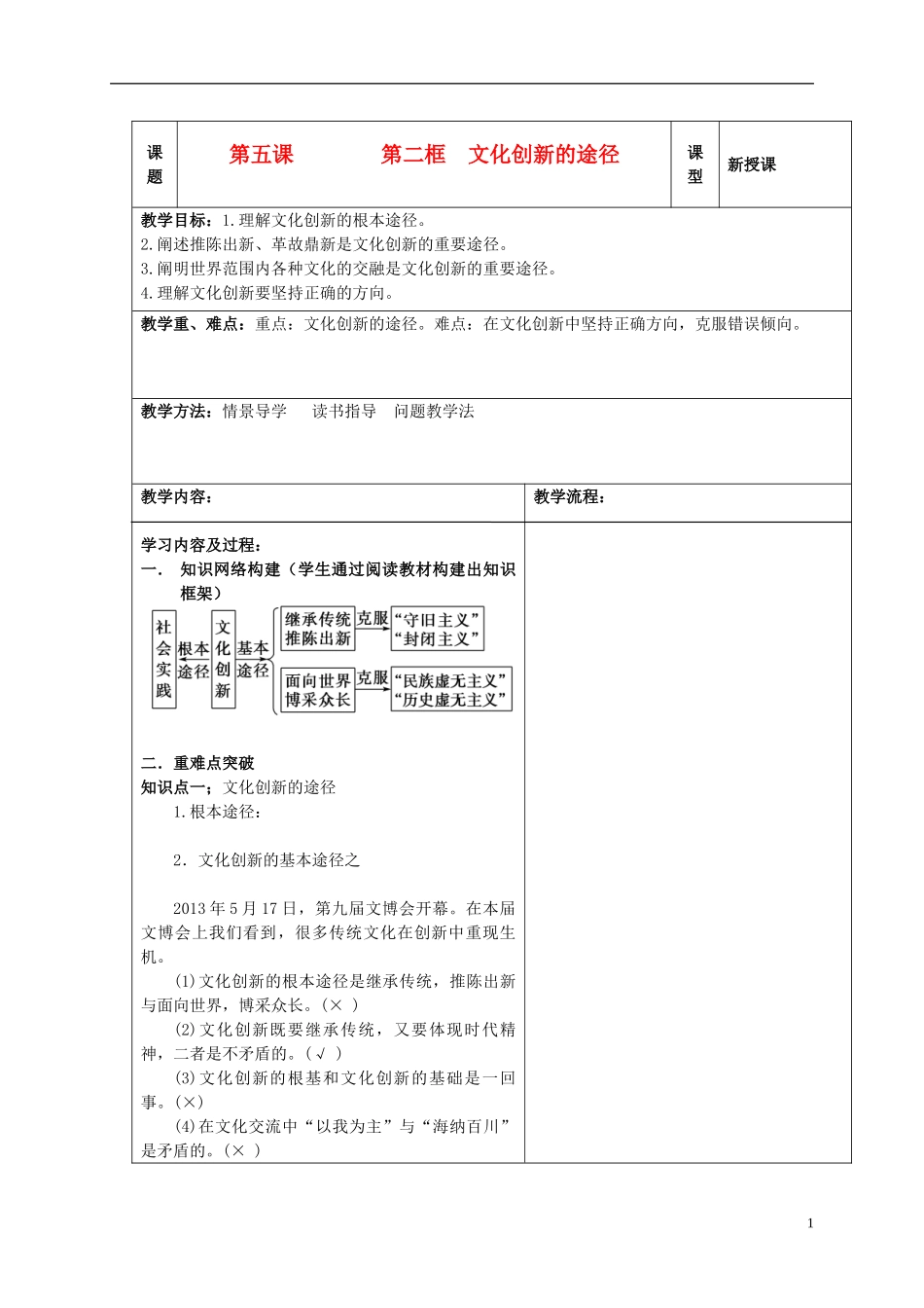 高中政治 2.5文化创新第二课时教学案 新人教版必修3-新人教版高一必修3政治教学案_第1页