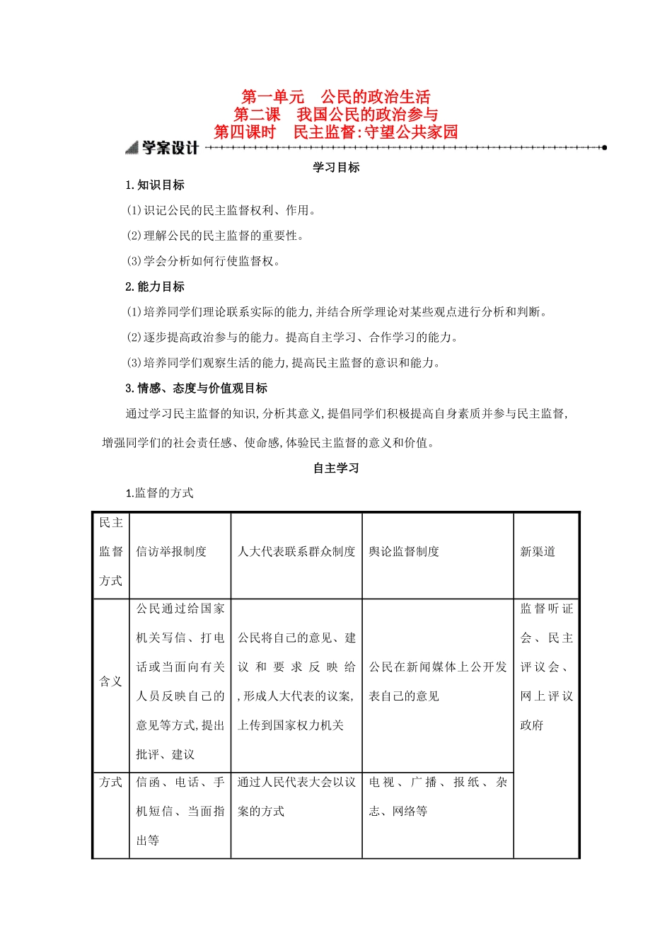高中政治 1.2.4民主监督：守望公共家园学案设计 新人教版必修2-新人教版高一必修2政治学案_第1页