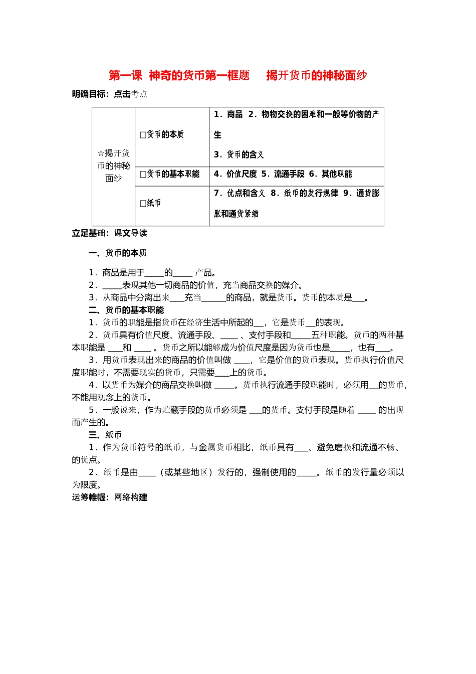 高中政治 《揭开货币的神秘面纱》学案 新人教版必修1_第1页
