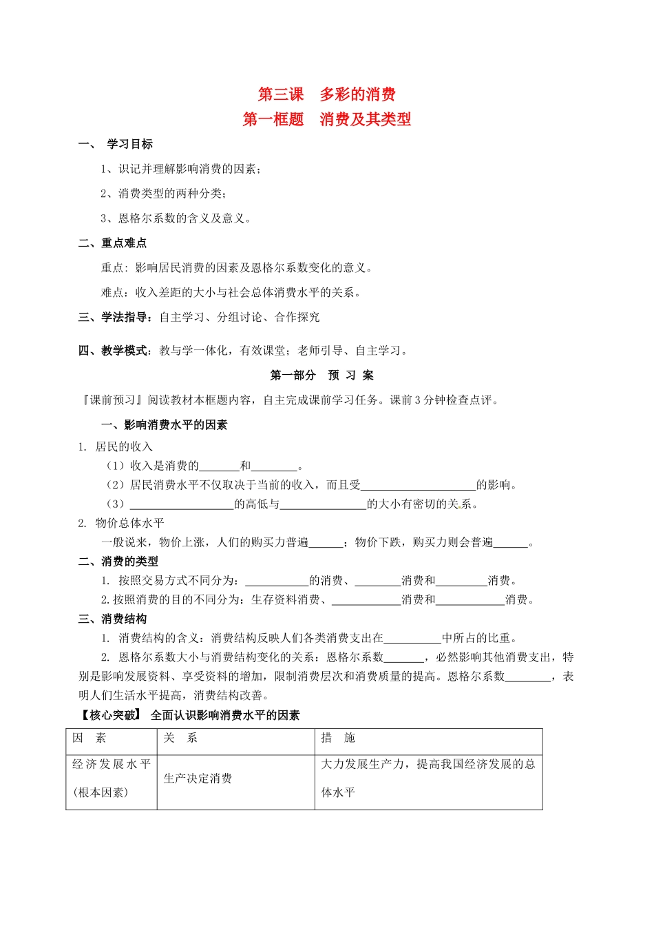 高中政治 3.1多彩的消费学案 新人教版必修1-新人教版高一必修1政治学案_第1页