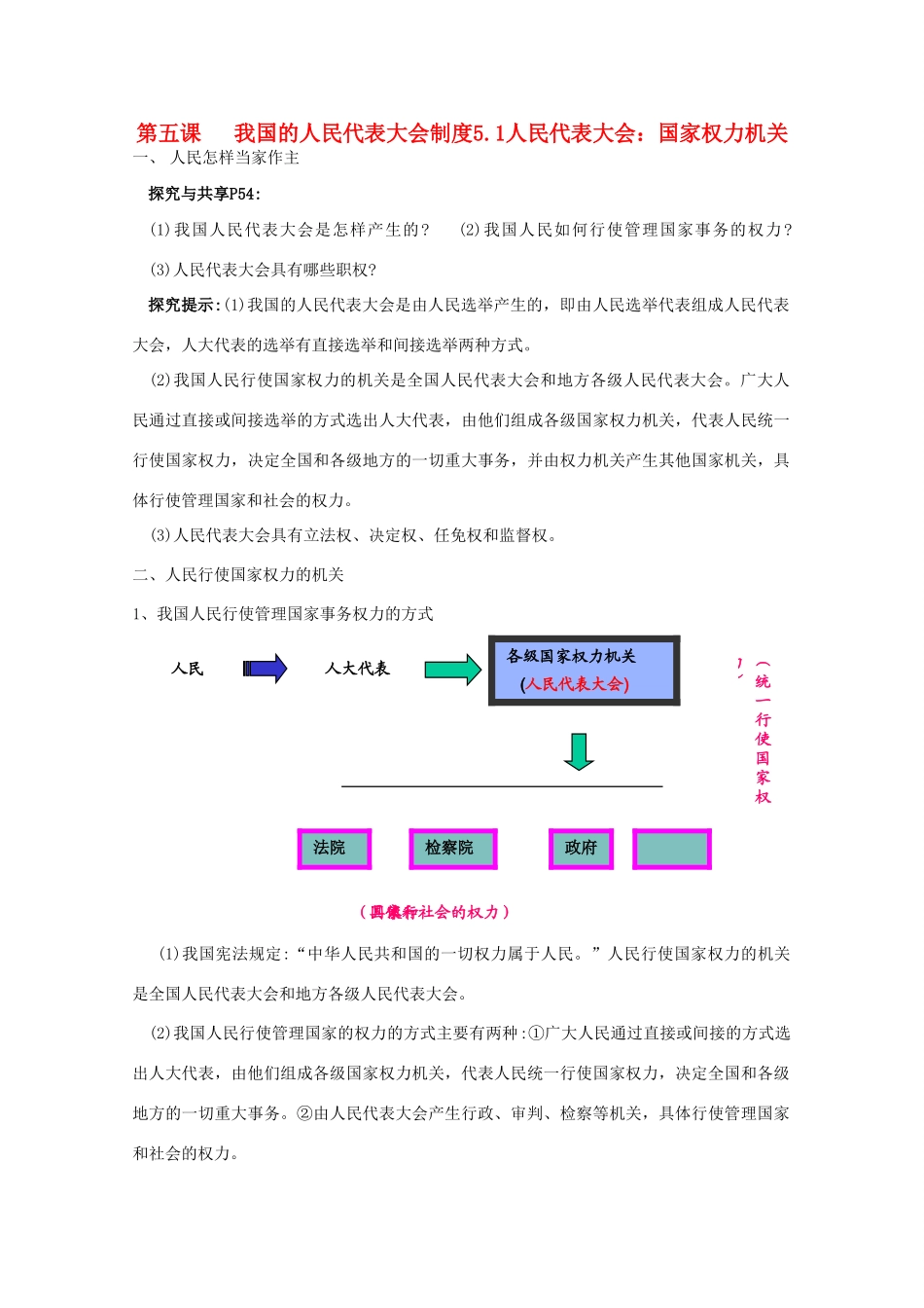 高中政治 《人民代表大会：国家权力机关》学案2 新人教版必修2_第1页