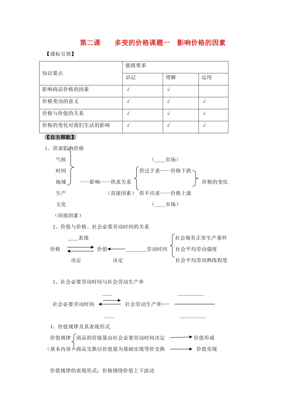 高中政治 《影响价格的因素》学案1 新人教版必修1_第1页