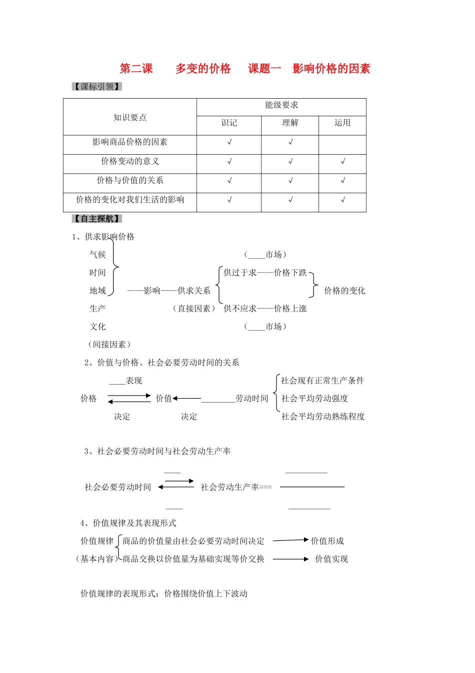 高中政治 《影响价格的因素》学案8 新人教版必修1_第1页