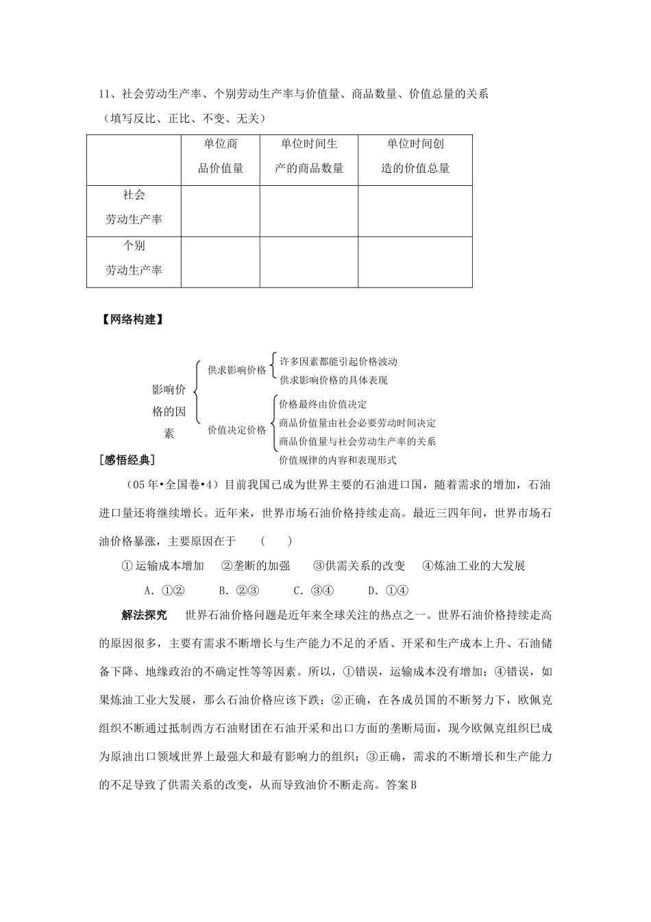 高中政治 《影响价格的因素》学案11 新人教版必修1_第2页