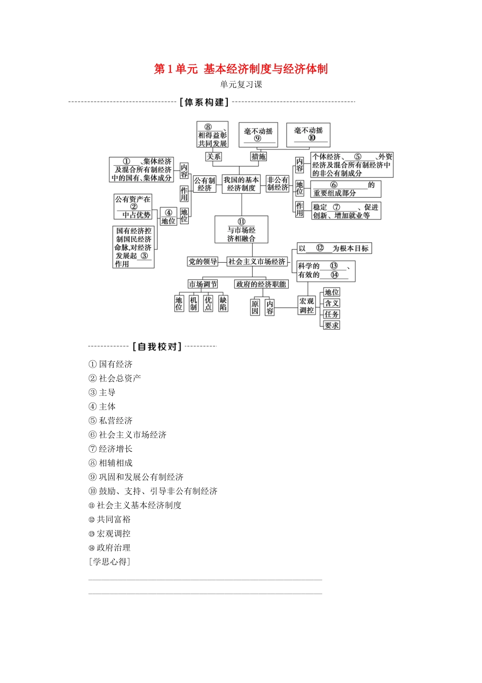 高中政治 第1单元 基本经济制度与经济体制单元复习课教学案 部编版第二册-部编版高一第二册政治教学案_第1页