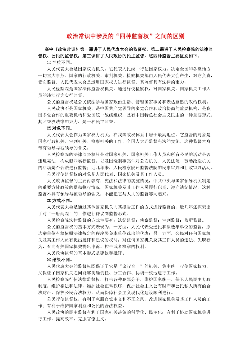 高中政治 常识中涉及的“四种监督权”之间的区别素材_第1页