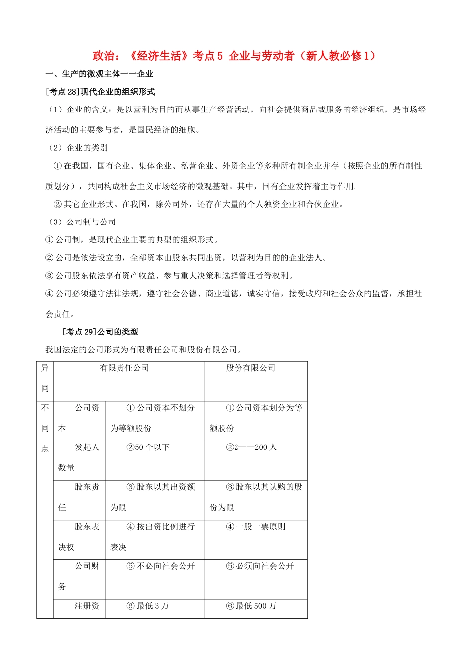 高中政治 《经济生活》考点素材5 企业与劳动者 新人教必修1_第1页