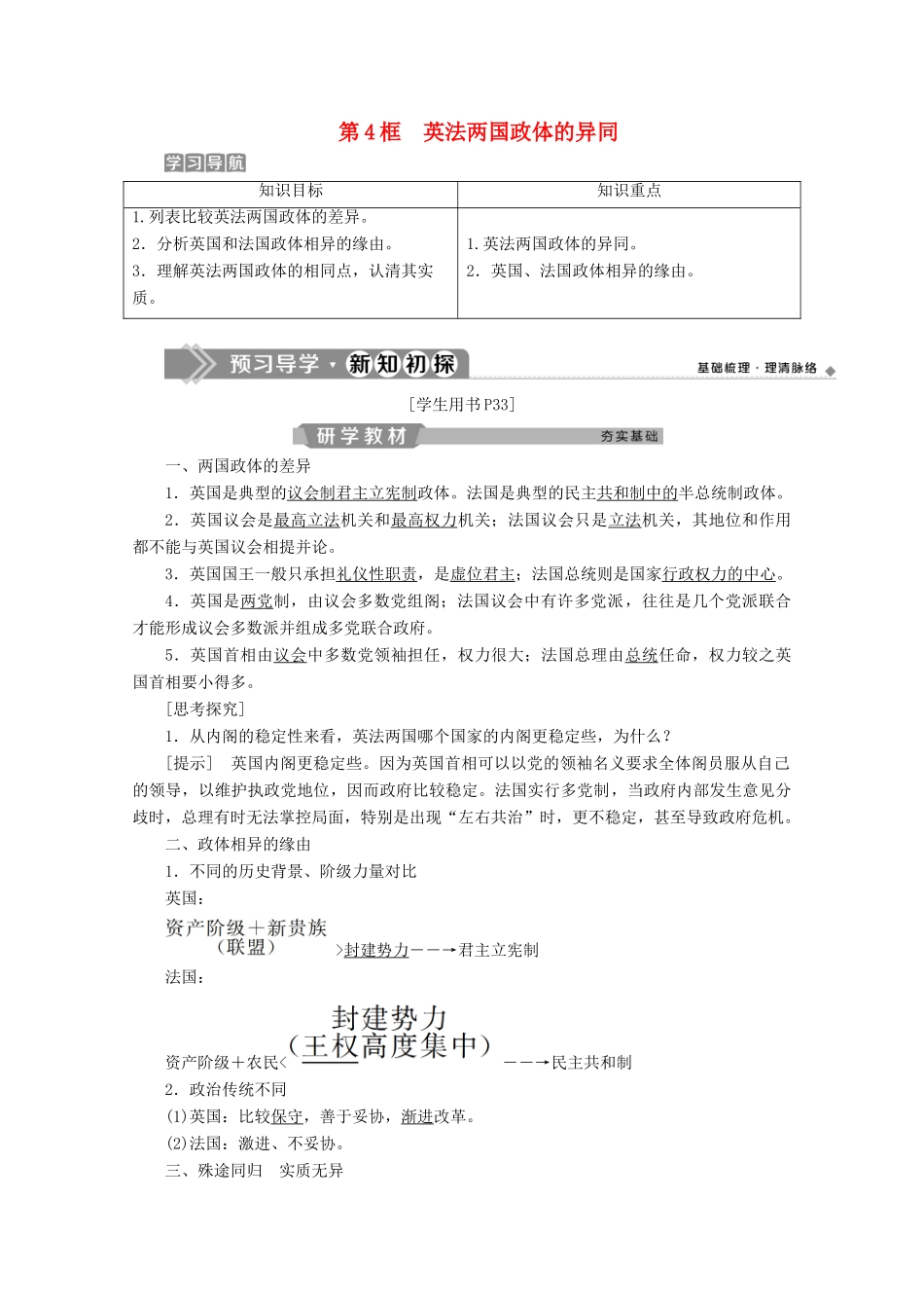 高中政治 专题二 君主立宪制和民主共和制 以英国和法国为例 第4框 英法两国政体的异同学案 新人教版选修3-新人教版高二选修3政治学案_第1页