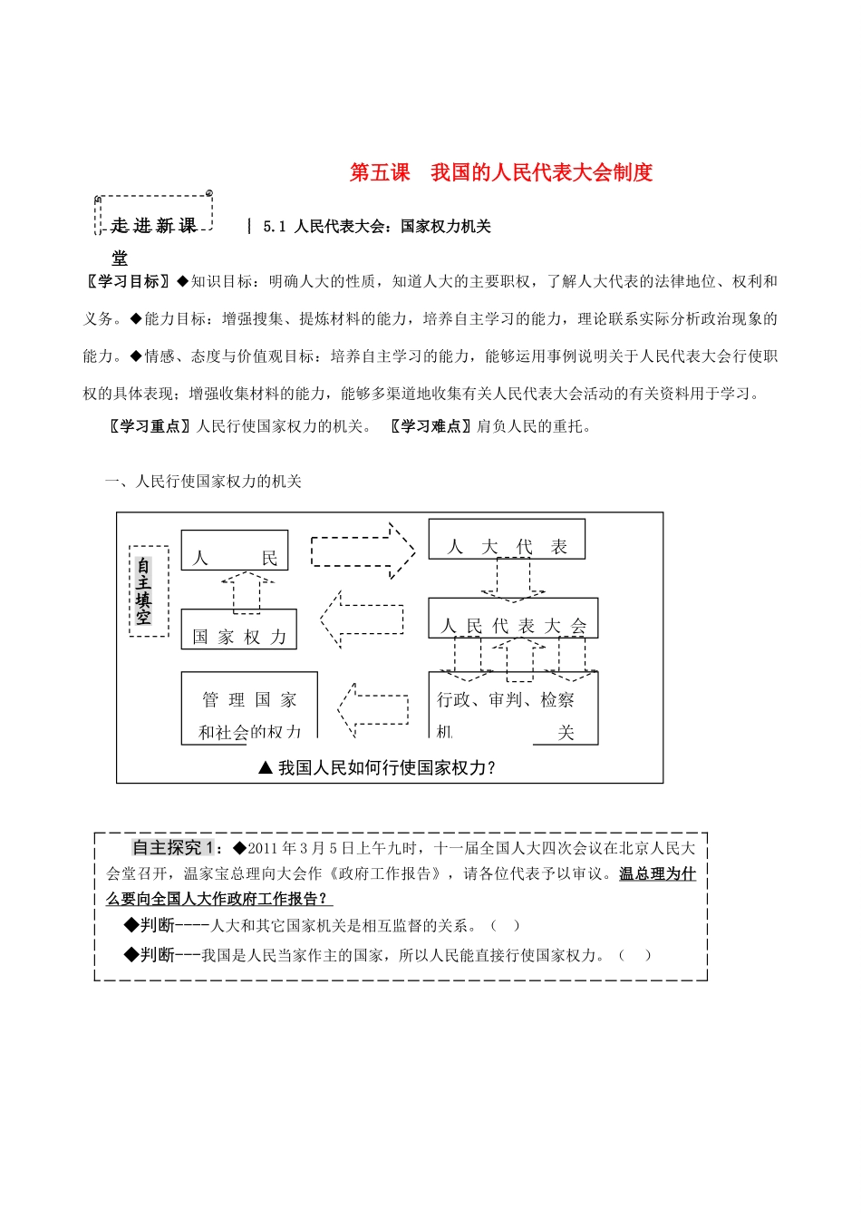 高中政治 人民代表大会 国家权力机关学案 新人教版必修2_第1页